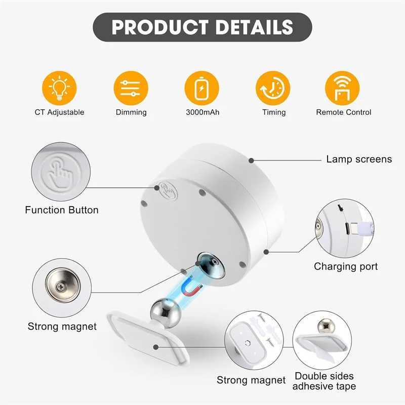 LED Wall Mounted Lights with Remote Wireless Magnetic Wall Sconces RGB Dimmable USB Rechargeable for Bedroom Bedside Night LightXJ250526