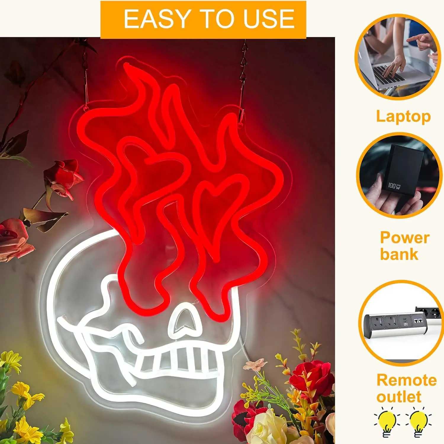 Flaming Skull Neon Sign USB Powered Dimmable Neon Light For Wall Decor Bedroom Man Cave Decor Party Birthday Handmade Art Gift W250526