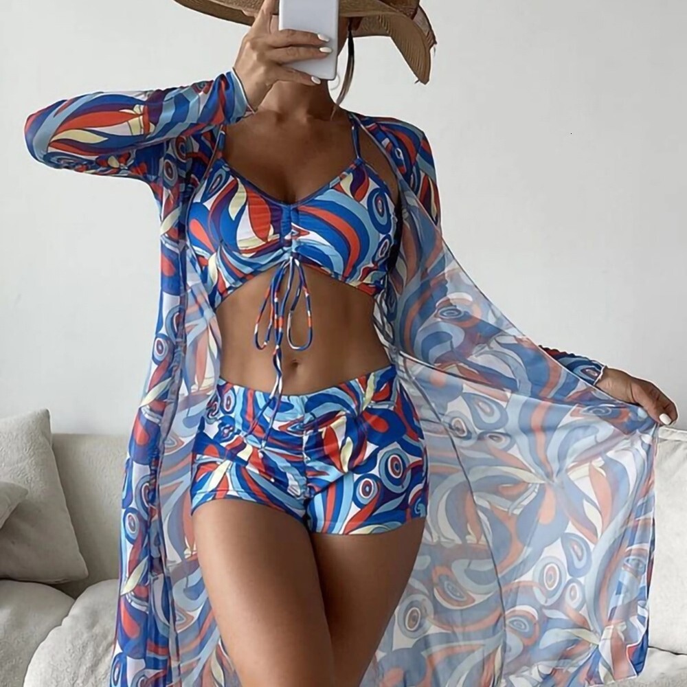 Outdoor Fashion Fashion Sexy Free Shipping 2025 New Designer Swimwear Women's Split Three Piece High Waist Long Sleeve Hoodie Internet Red Drawst