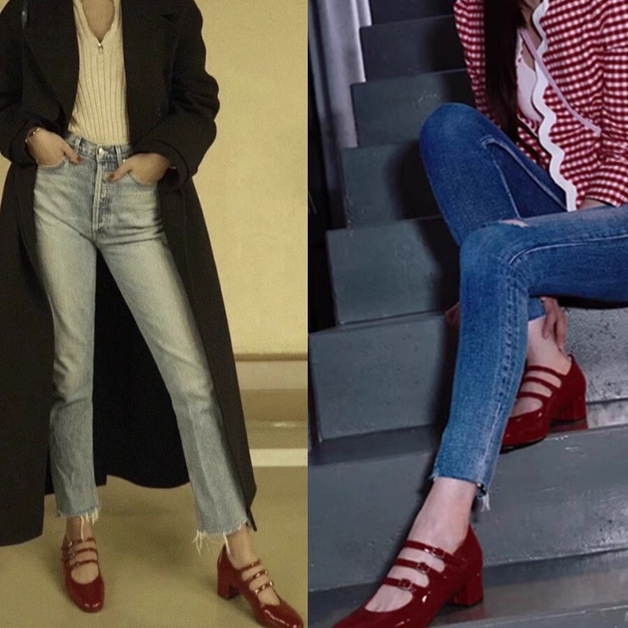 Designer sandals Carel Mary Mary Jane Shoes Women French Retro Little Red Shoes Chunky Heel Wedding Shoes High Heels Mid Heel Patent Leather Single Sh