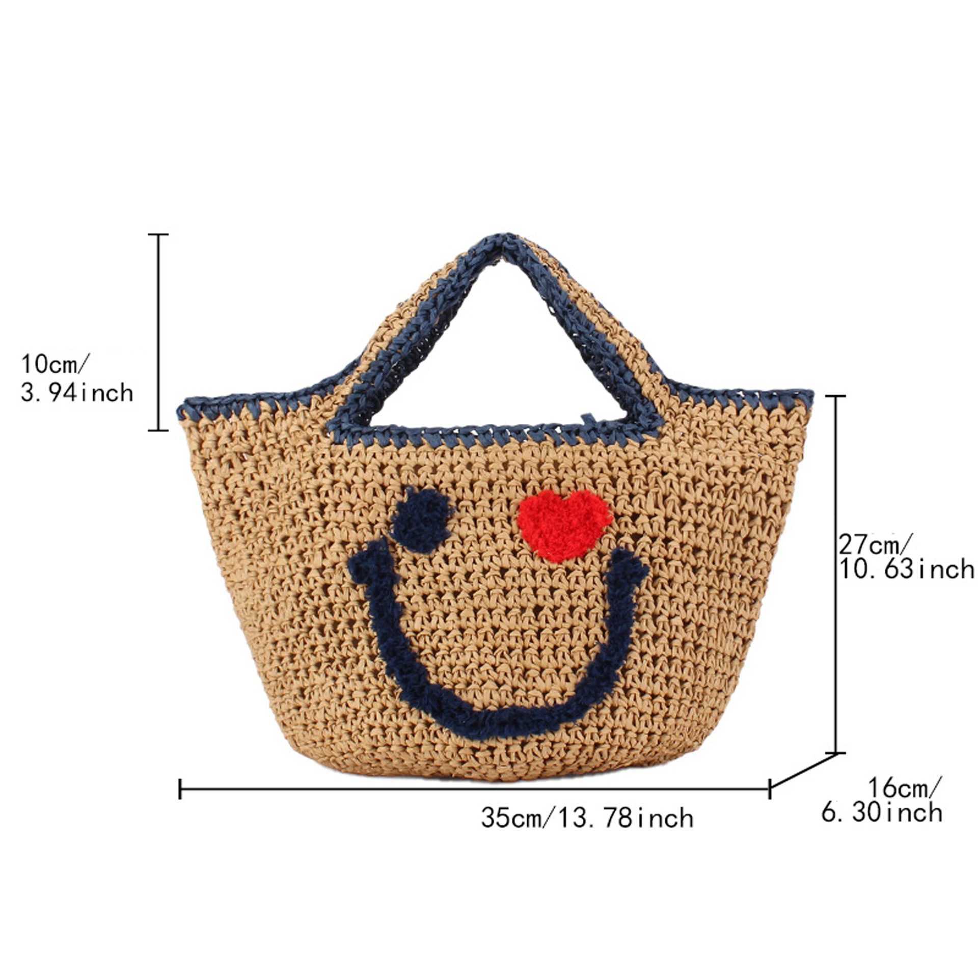New Arrival Straw Woven Handbag Cute Smiling Face Bucket Knitted Bag Summer Beach Top-Handle Totes Ladies Travel Shopping Purse W250524