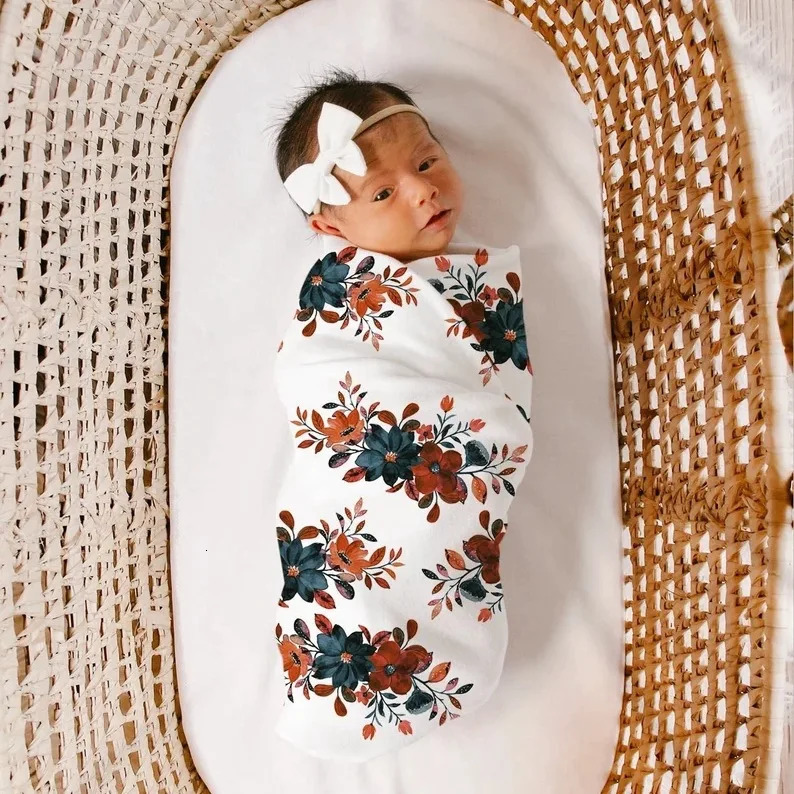 3pcset Baby Swaddle Wrap Born Receiving Blanket for born Babies Accessories Soft Floral Headband Hat Bedding Items 250517z