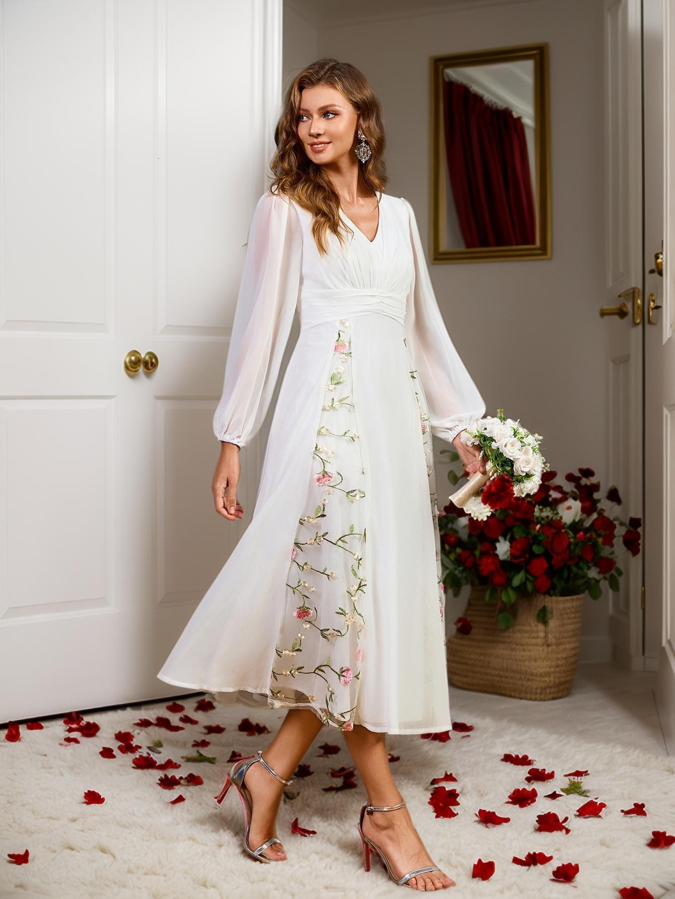 New white fluffy skirt versatile V-neck lantern sleeves mid length skirt banquet wedding bride gift party