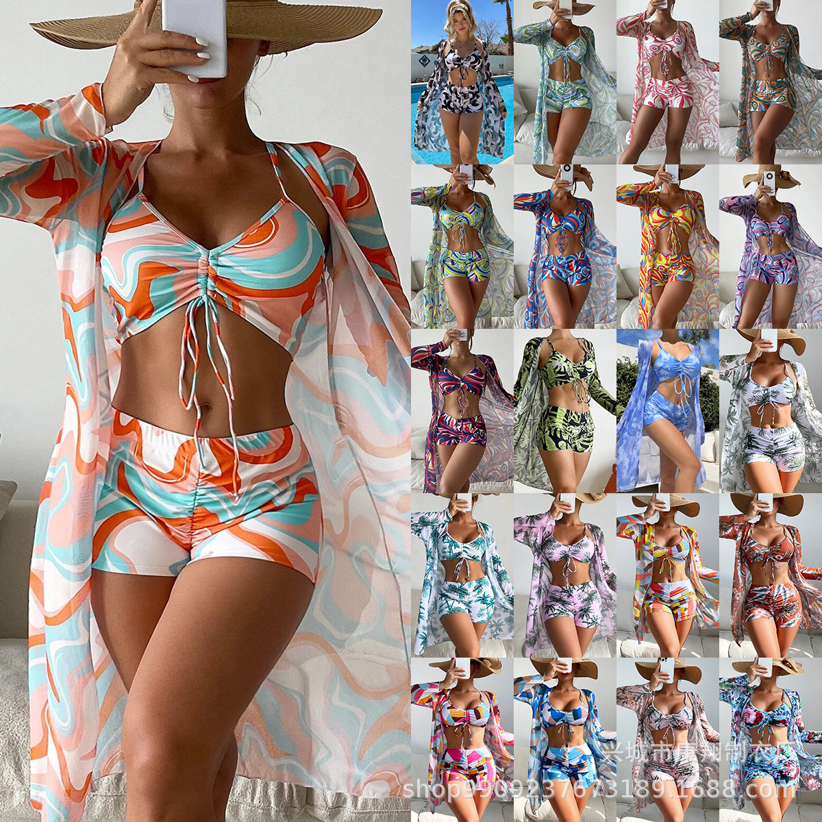 Outdoor Fashion Fashion Sexy Free Shipping 2025 New Designer Swimwear Women's Split Three Piece High Waist Long Sleeve Hoodie Internet Red Drawst