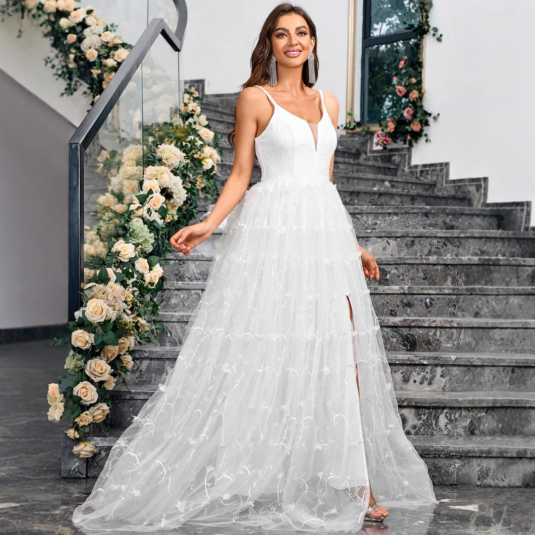 Summer New Mesh Skirt V-neck Back Strap Solid Color Elegant Dress