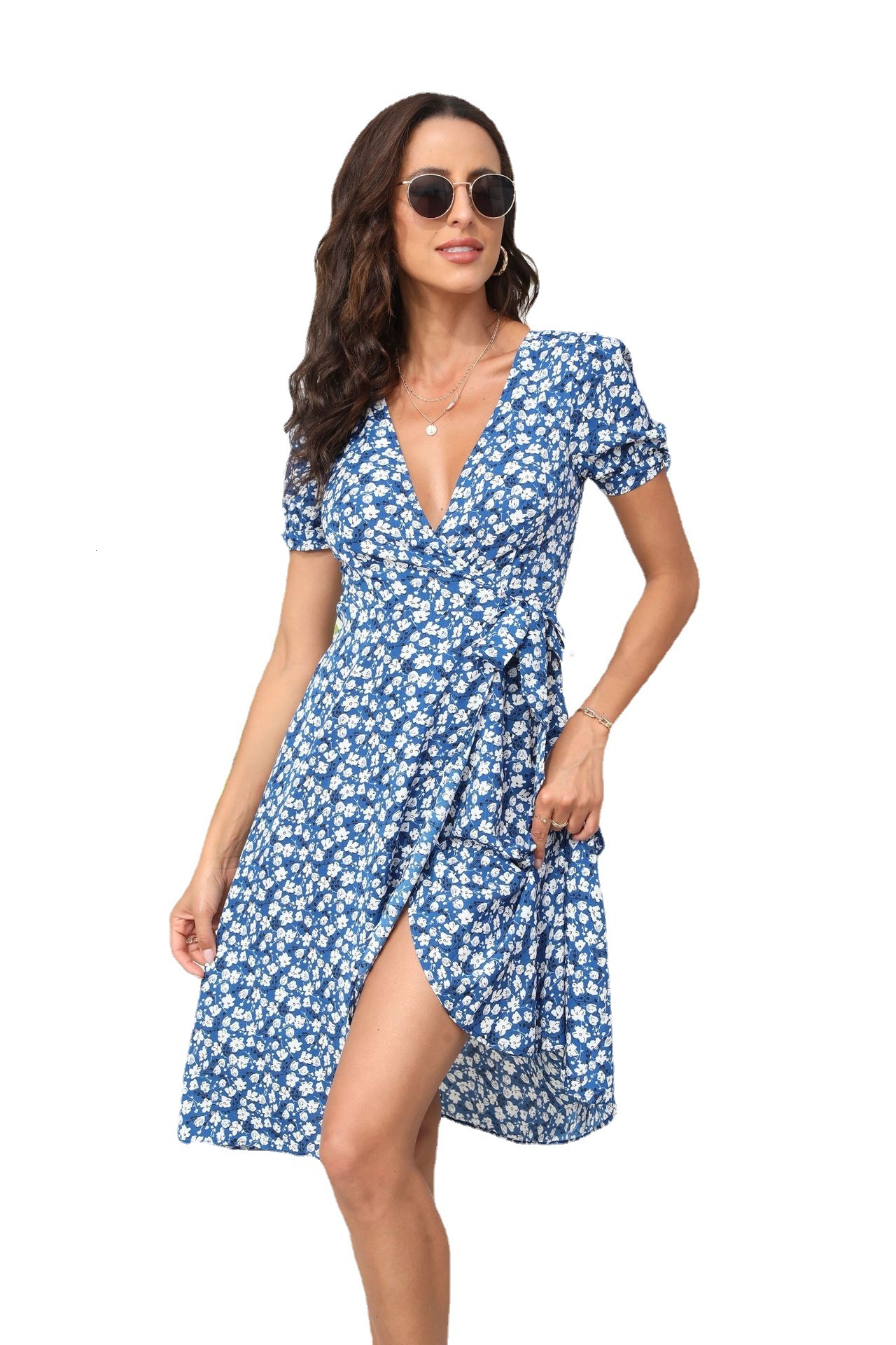 Dress Summer Deep V Beach Print Dress Selection Mid length Dress Lace Up