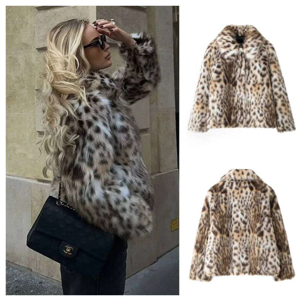 PB&ZA2024 Winter New Women's Clothing Style Simple and Premium Fur Effect Flip Collar Long Sleeve Leopard Pattern Hairy Jacket