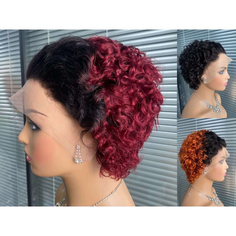 Meggit Pixie Cut T99J/1B/T350 13X4 Lace Spring Curl Short Bob Human Hair for Women Natural Black Color Wig