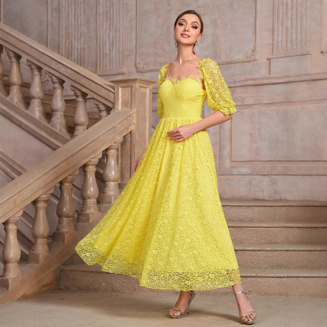 Womens new style bubble sleeve square neck big swing dress elegant 2025