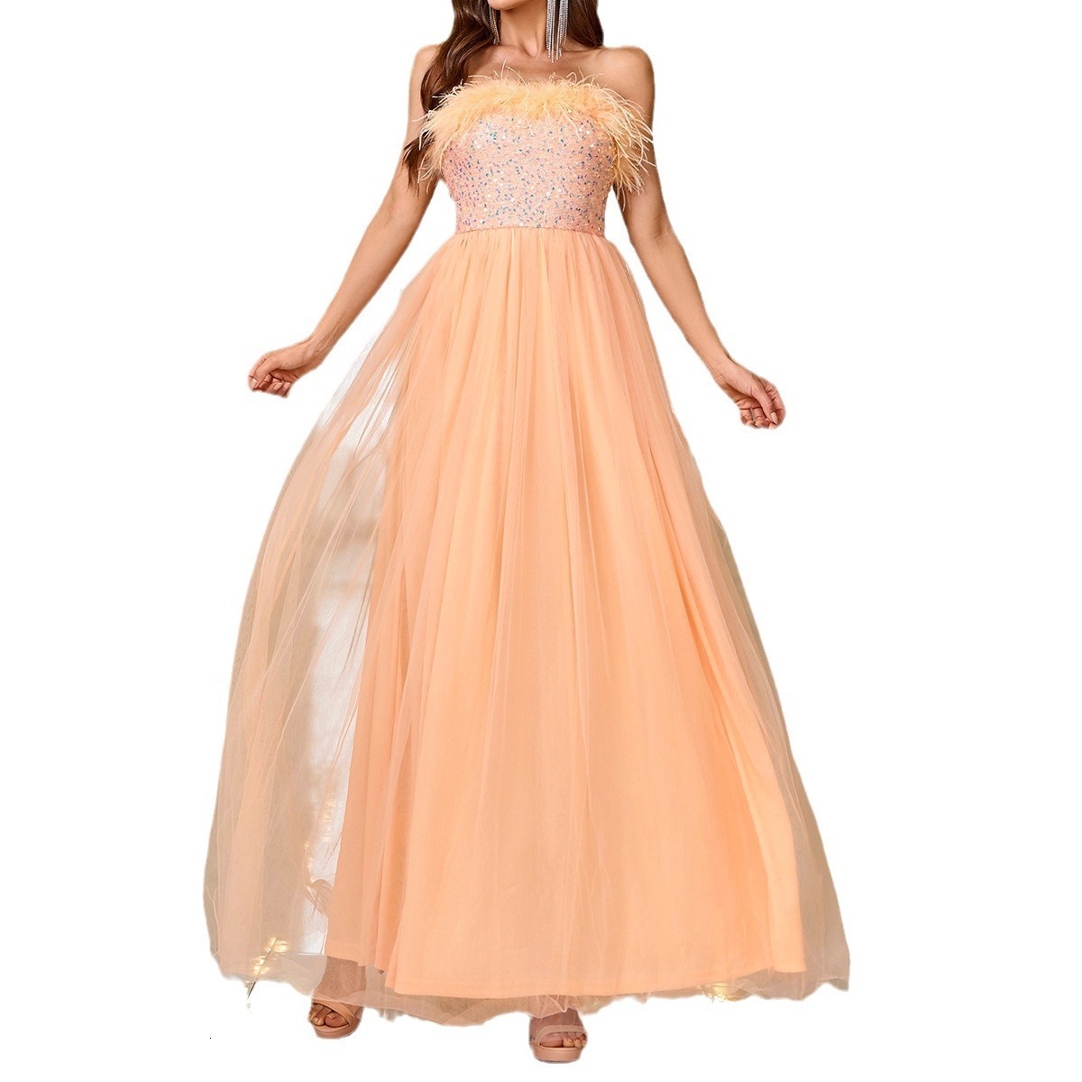 Summer new solid color sequin elegant dress with a mesh skirt