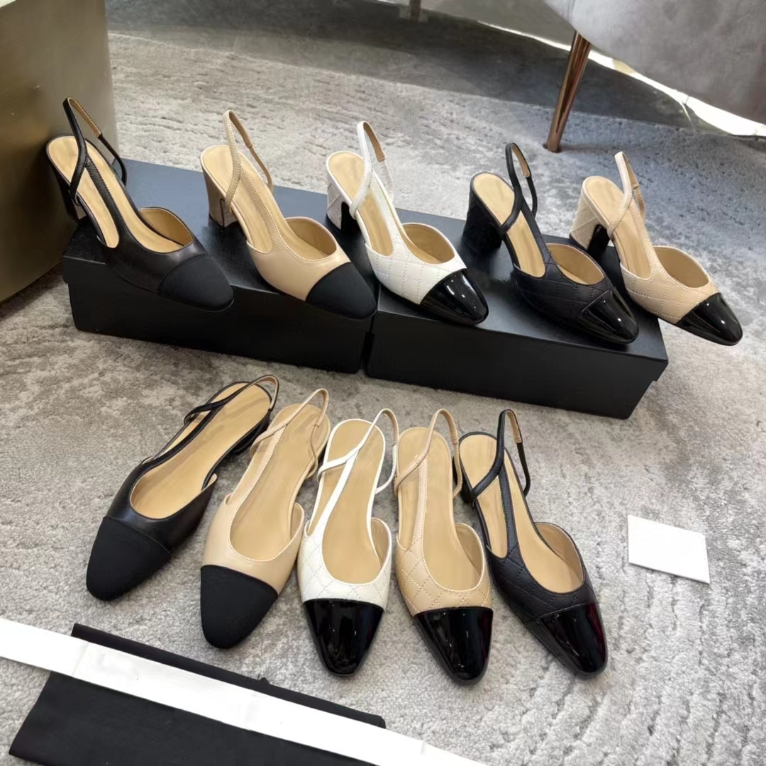 sandals designer heels designer Dress shoes womens sandals Classic genuine leather round toe Chunky High Heels Black White Nude pink Slingbacks sandal
