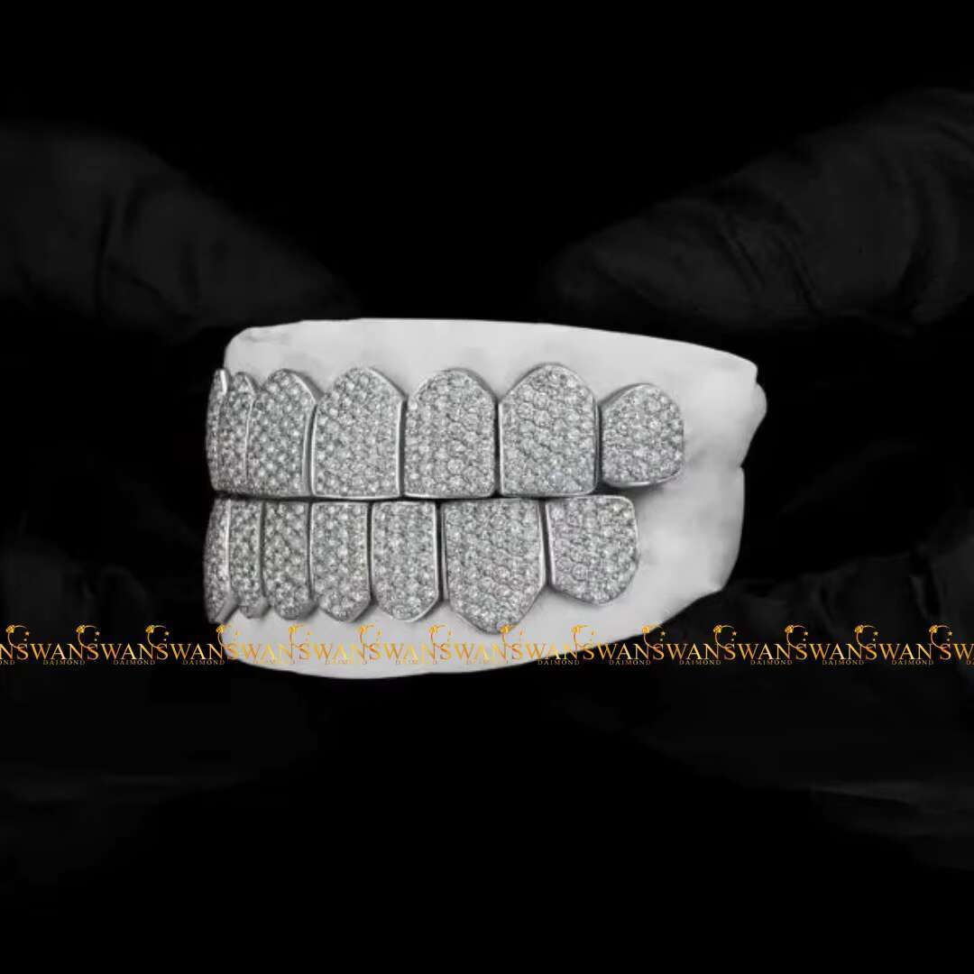 Trending Hp Hop Teeth Grillz Made by 925S Silver and Crafted From Moissanite Round Brilliant Cut VVs Clarity Diamonds for Men