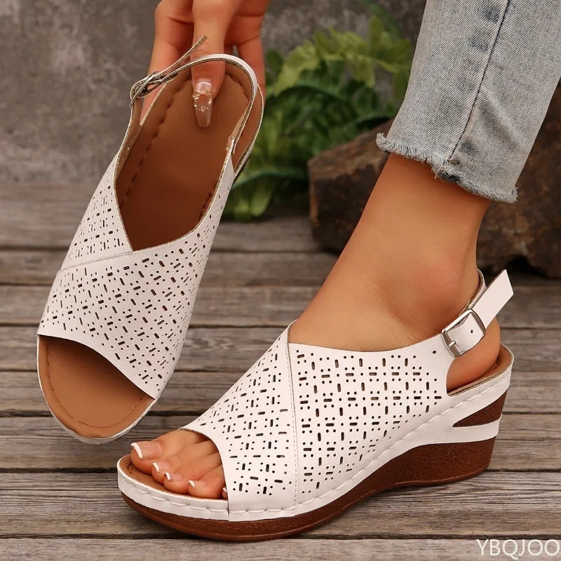 Fashion Thick Sole Beach Shoes Hollow Breathable Wedge Sandals for Women Summer Woman Peep Toe Platform flat shoes 250526