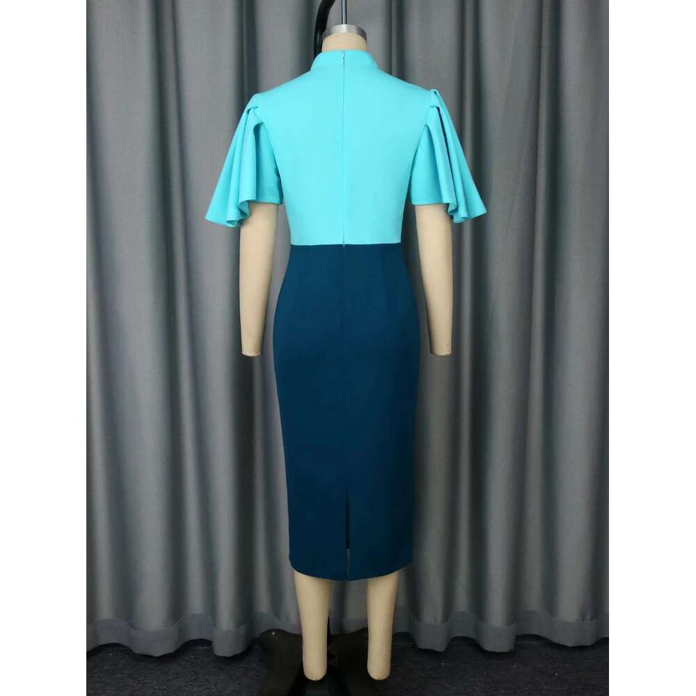 Blue Color Block Sheath Dresses for Women Stand Collar Ruffles Sleeves Button Up High Waist Fashion Party Office Ladies Vestidos