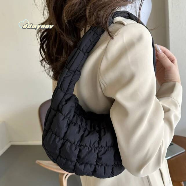 Korean Ruched Solid Underarm Plaid Quilted Women Small Handbag Bubble Embroidered Ladies Shoulder Winter Cotton Tote Bag ddmynov