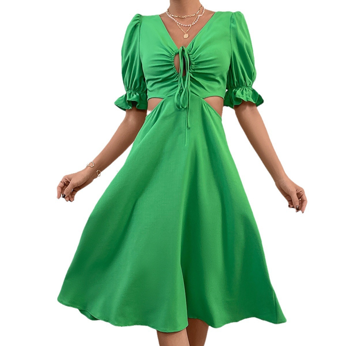 Summer new solid color elegant dress with a niche design style and lace up mid skirt