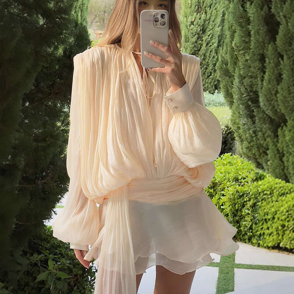 Backless Sexy Dress Spring New Lazy Style Mesh Puff Sleeve Short Dress With Pleated Ruffle Design For Women Sexy Flowy Dresses