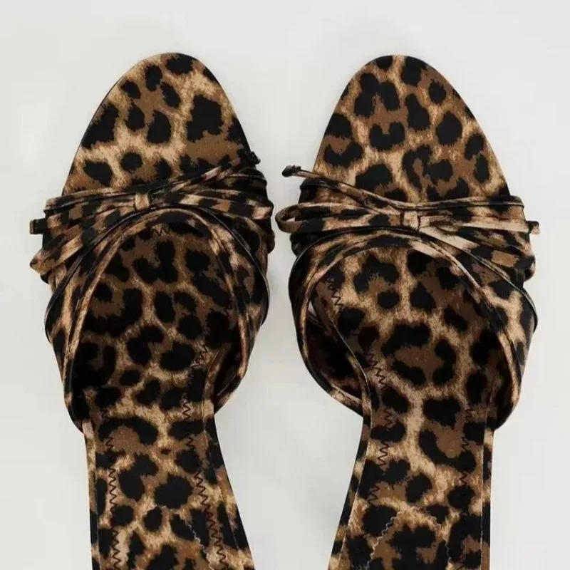 European and American High Quality Women Shoes Bow Knot Leopard Print Heel Slippers Slippers 250526