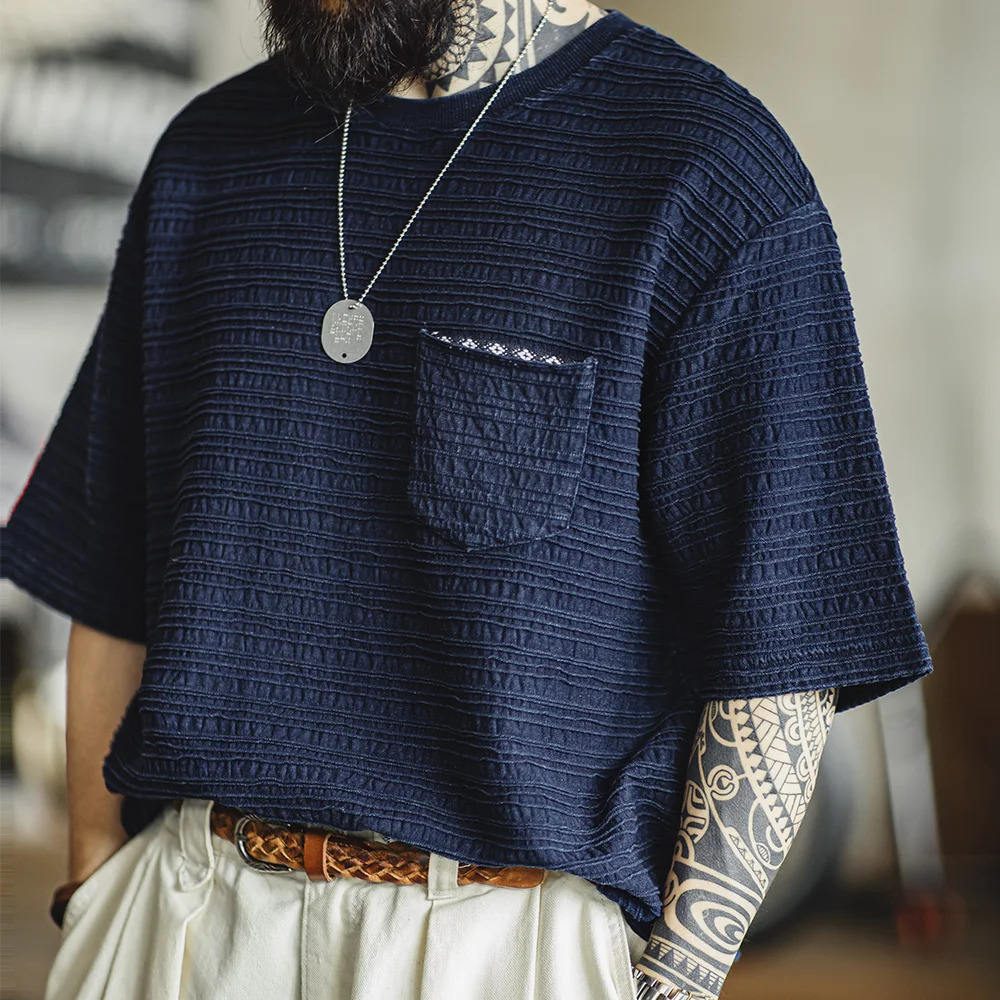 Made Retro Indigo Knitted Jacquard Wave Pattern Textured Tshirt Loose Fit Solid Color Shortsleeved Tee for Mens Summer Tops 250526