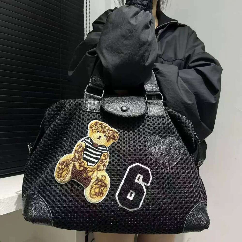 Women's Bags Designer Ladies' Fashion Mesh Splicing Casual Handbag With Multiple Pockets, Small Bear Patch, Single Shoulder Diagonal Cross B