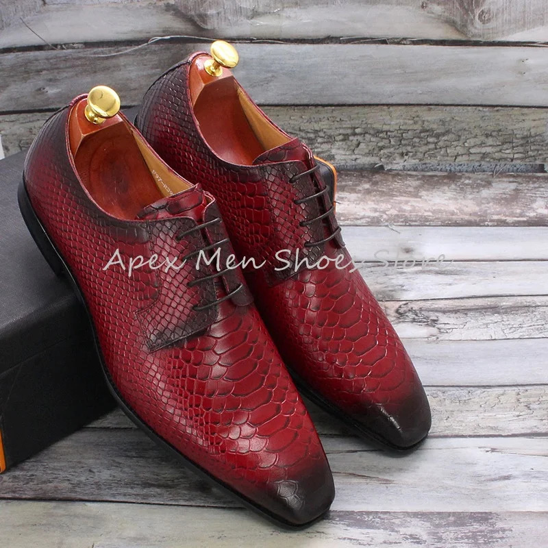 Mens Red Snakeskin Oxfords Round Toe Formal Shoes Handmade Lace Up Pattern n Genuine Leather Business Derby Shoes 250526