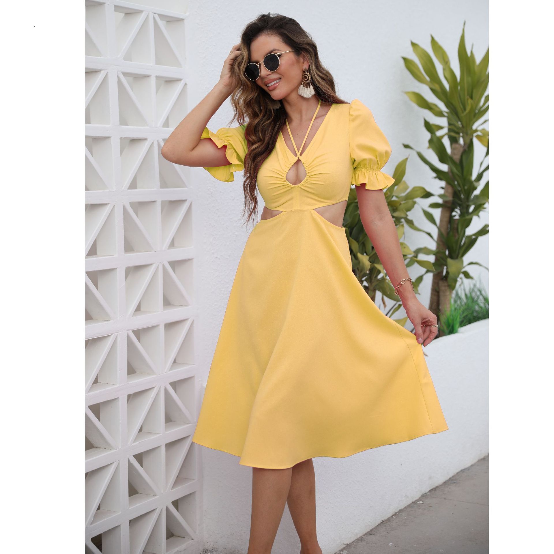 Spring and Summer New Womens Wear New Product V-Neck Slim Fit Dress Solid Midlength Dress