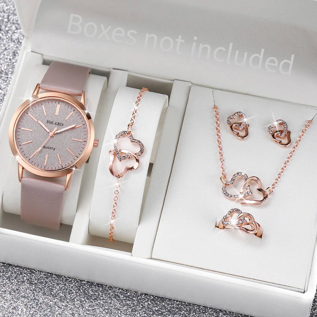 6pcs/set Women Leather Band Quartz Watch and Lover Heart Rose Gold Color Jewelry Set