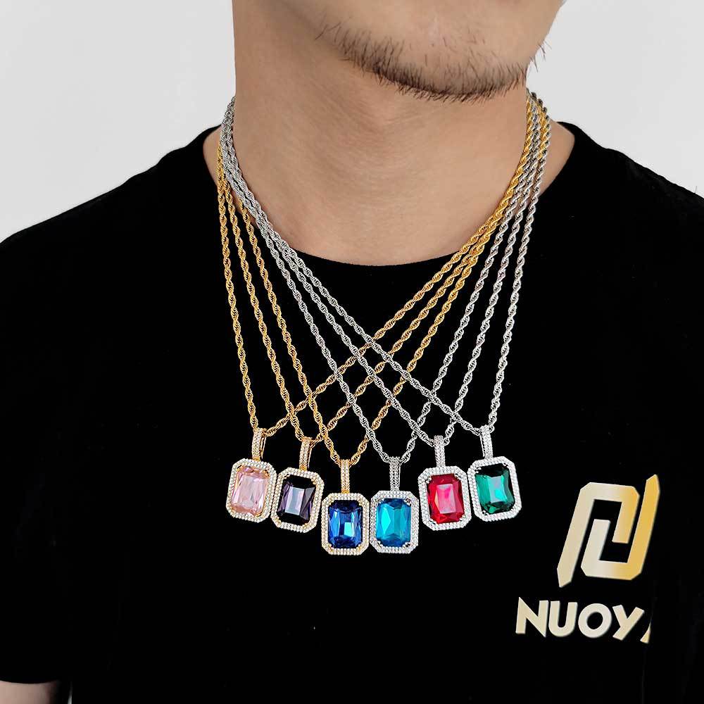 Fashion luxury explosions in Europe and America hip-hop jewelry square colored gems pendant necklace accessories trendy men's pendants delivered 