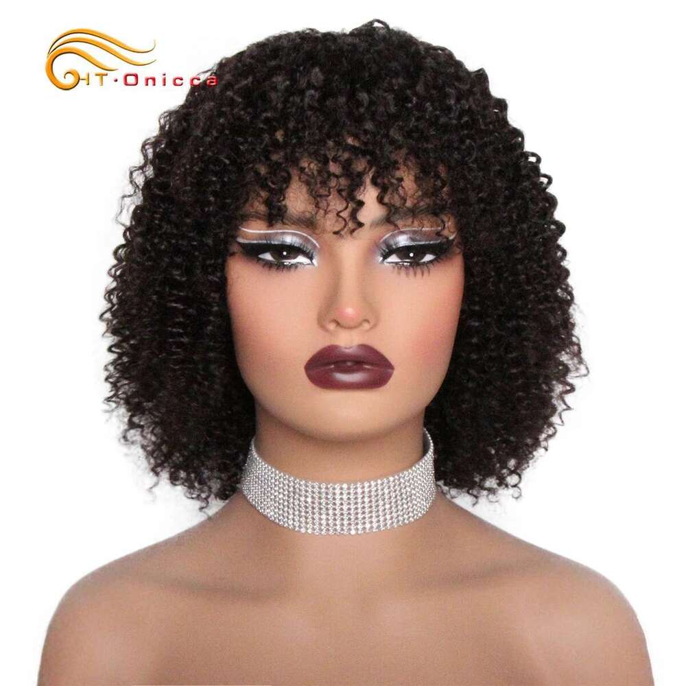 100% Curly Short Bob Human Hair Wig With Bangs Indian Remy Full hine Made Wigs For Women 180% Density