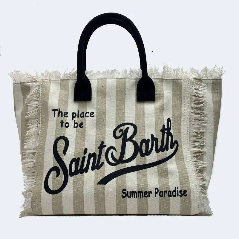 Saint Barth European And American New Women's Large Capacity Casual Beach Canvas Striped Tassel Handheld Tote Bag