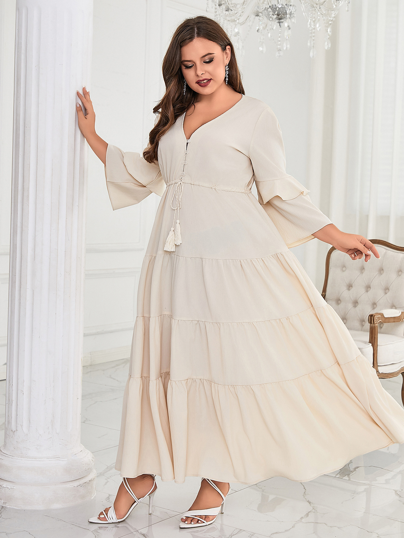 2025 Spring/Summer New Womens Fashion Casual Solid Color Big Swing V-neck Skirt