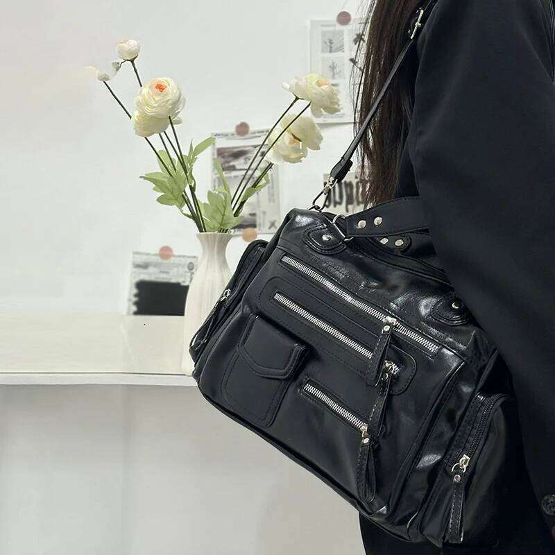 Women's Bags Designer Retro Tote Bag PU Soft Motorcycle Bags Travel Zipper Pocket Fashion Crossbody Pack Outdoor Camping Hiking Weekend Satchel W