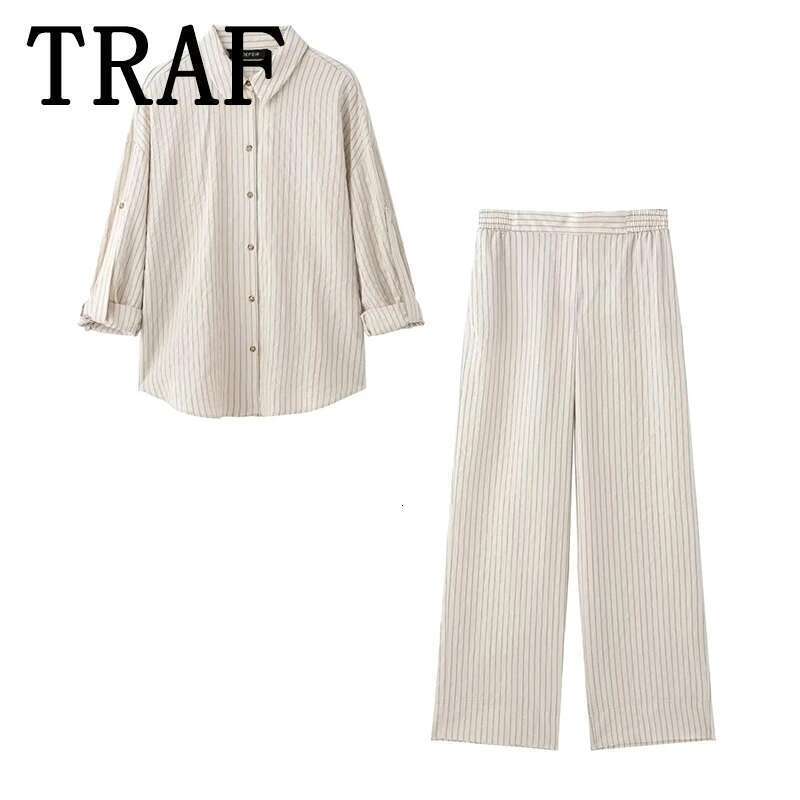 TRAF Stripe Wide Leg Pants Sets For 2 Pieces 2025 New Fashion Loose Shirts Suit Casual Two Piece Set Women Outfit