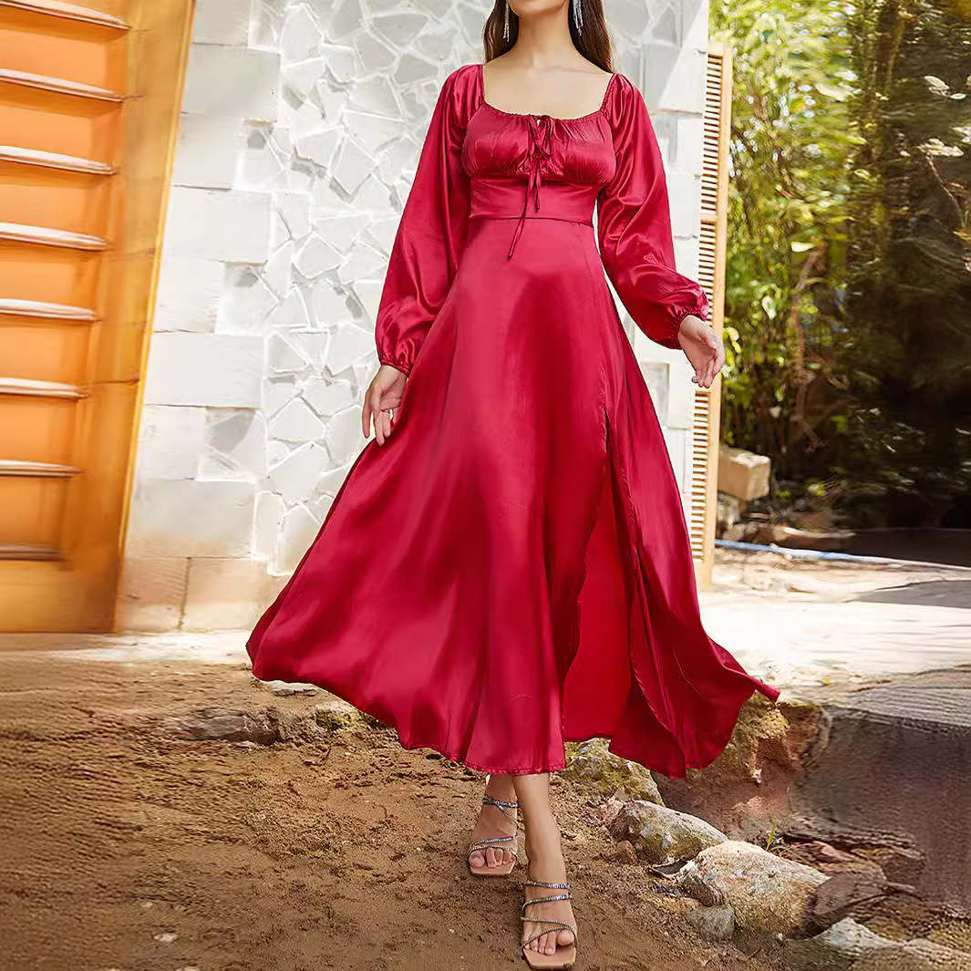 Womens new dress sexy long sleeved satin shoulder strap autumn and winter new product