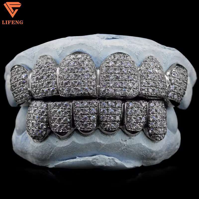 VVS Diamond Opal Grillz for Teeth Custom Iced Out Hip Hop Moissanite Grillz 8 on 8 White Gold Plated 925 Silver Grillz Perm Cut