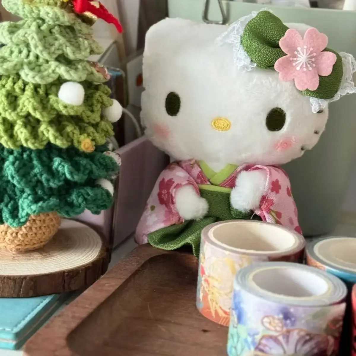 Sanrio Kawaii Hello Kitty Matcha Kimono Hello Kitty Doll Plush Bag Pendant Plushie Accessories Soft Doll Girls Birthday Giftsw250526