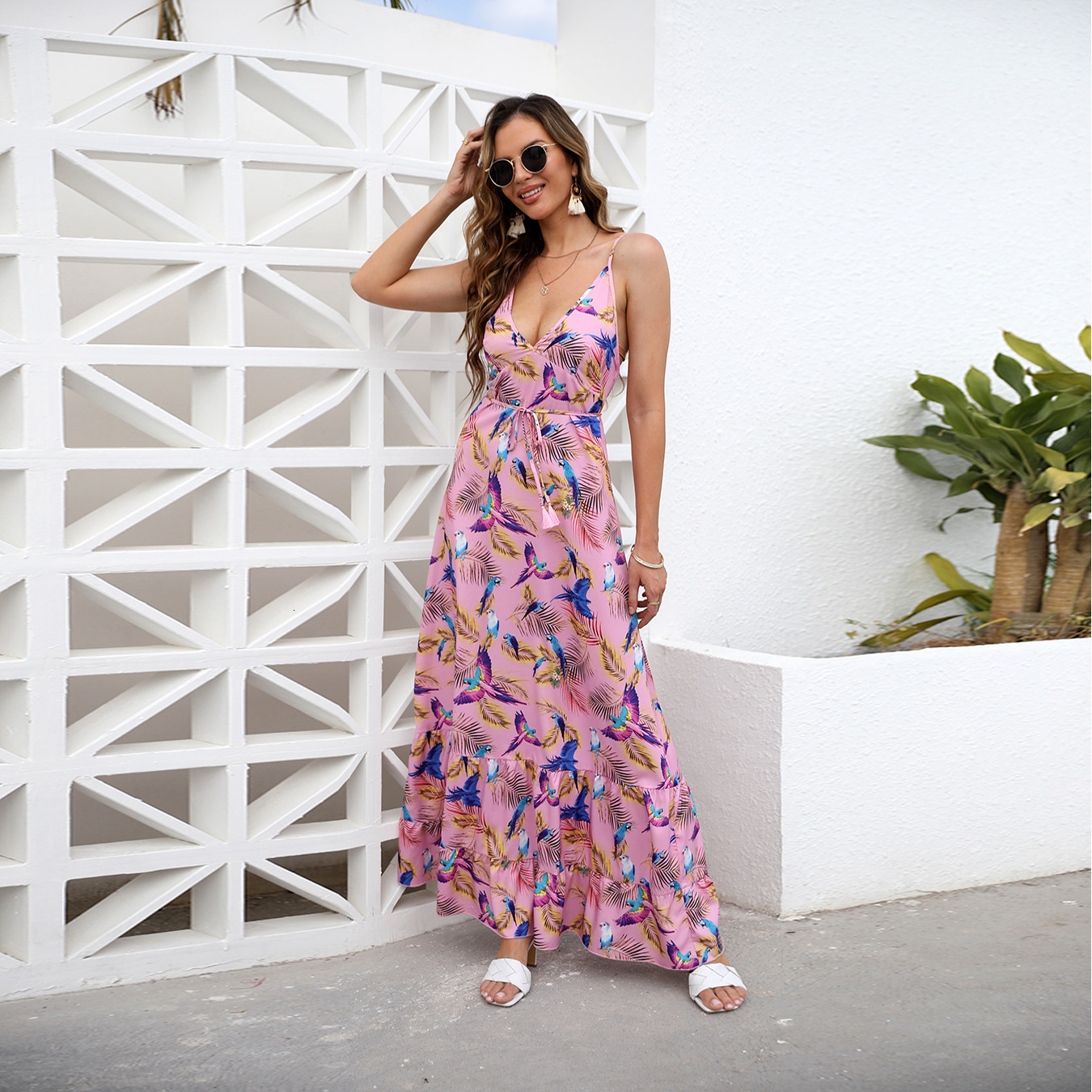 Summer New Womens V-Neck Waist Wrapped Dress with Hanging Strap Printed Dress for Women