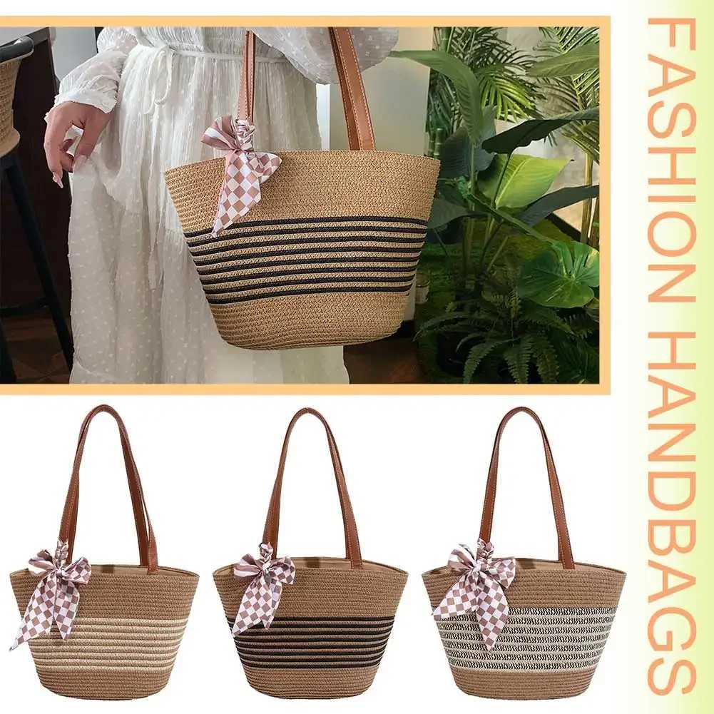 Women Straw Tote Handbag Large Capacity Crochet Beach Handbag Zipper Closure Weaving Striped Handbag Ladies Summer Daily Bag W250524