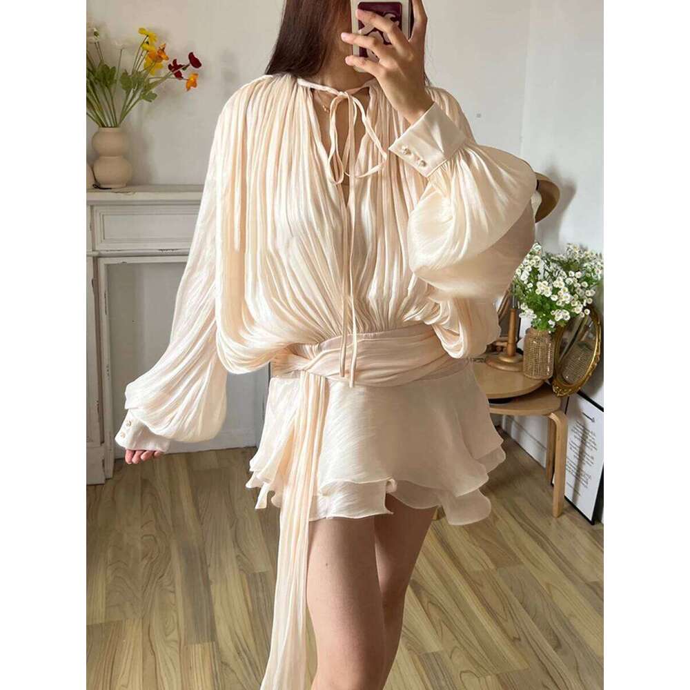TWOTWINSTYLE Solid Blouse Mini Dresses For Women V Neck Long Sleeve Spliced Lace Up Sweet Style Dress Female Clothing Fashion