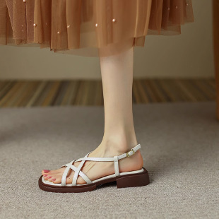 French Brown Open Toed For Women Casual Shoes Flat Bottomed Summer With A Single Beach Strap Thin Stripe Cross Low Heeled Roman Sandals Ddmysaturn