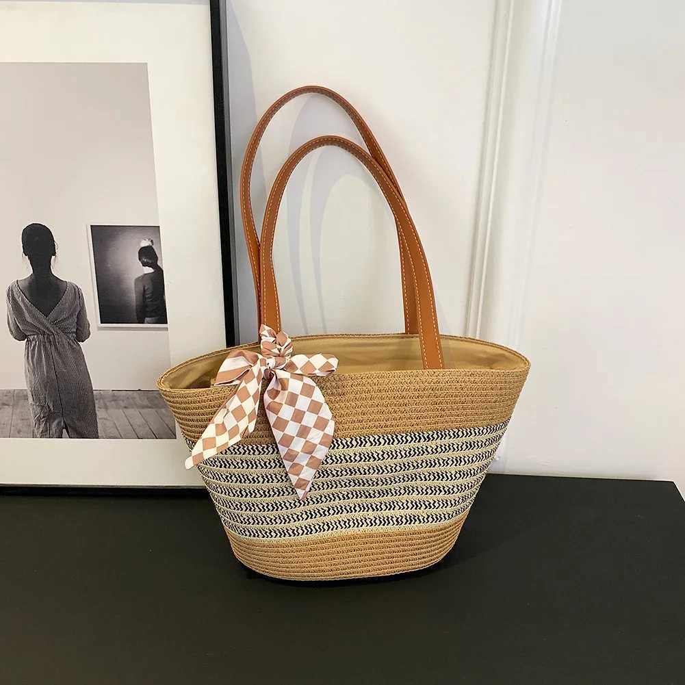 Women Straw Tote Handbag Large Capacity Crochet Beach Handbag Zipper Closure Weaving Striped Handbag Ladies Summer Daily Bag W250524
