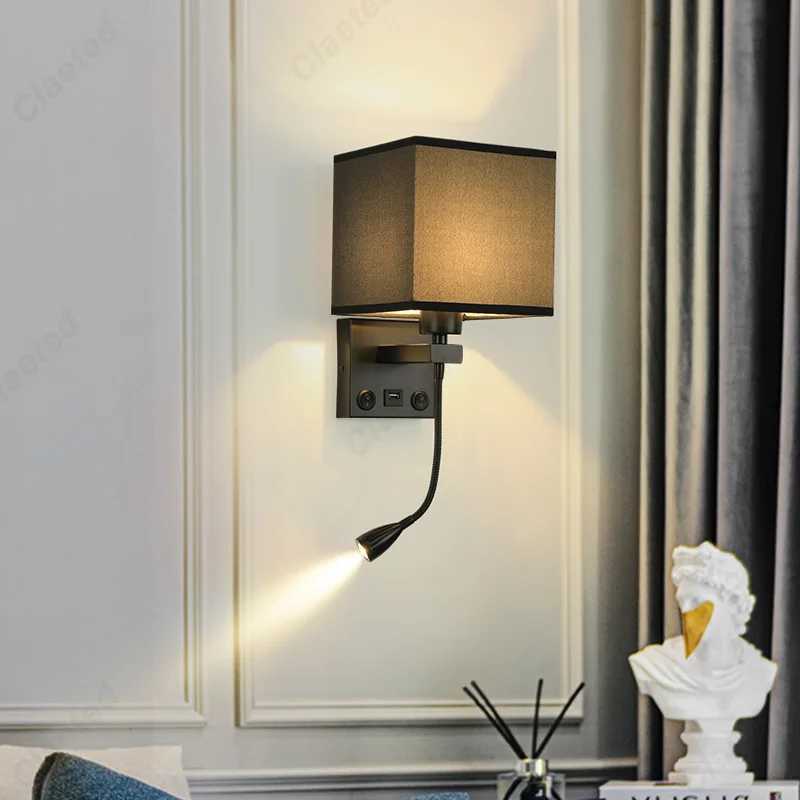 LED Fabric Lampshade E27 with Switch Wall Light USB Charging Port Adjustable Angle Spotlight Bedroom Bedside Reading LightXJ250526