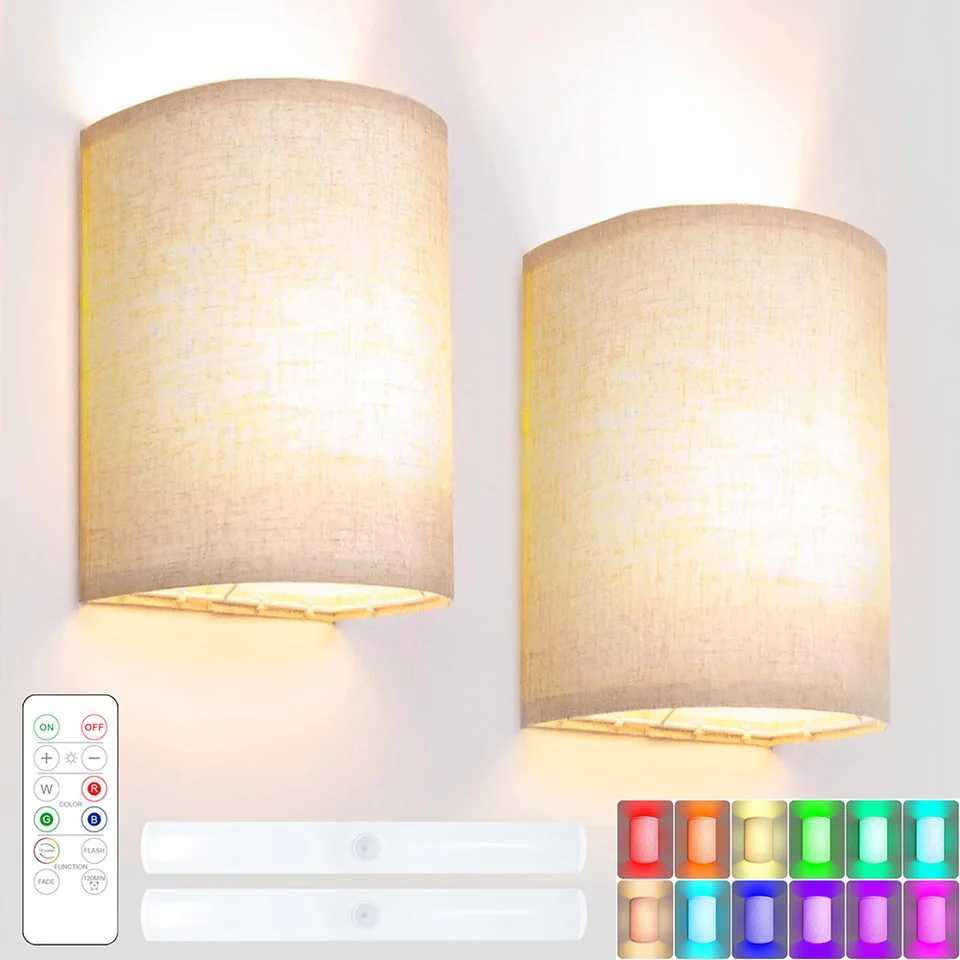 2 Pack LED Wall Sconce Lighting Fabric Linen Shades With Light Bar Wall Lamp Dimmable RGB Remote Control Indoor Wall Mount LightXJ250526