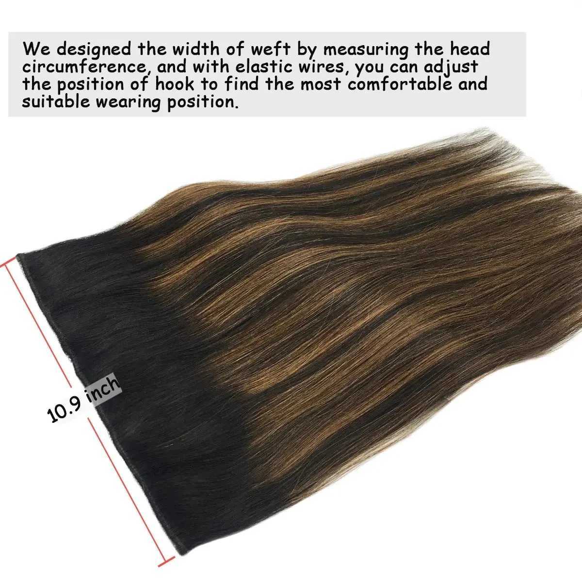 Wire Hair Extensions Real Human Hair Balayage Dark Brown to Chestnut Brown Invisible Transparent Remy Fish Line Hair Extensions S25526