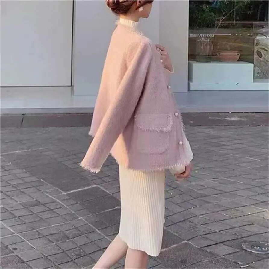 Autumn Fashion Women's Wear, Pink Korean Style Coat, Imitation Mink Cashmere Knit Cardigan Retro Fringe V-Neck