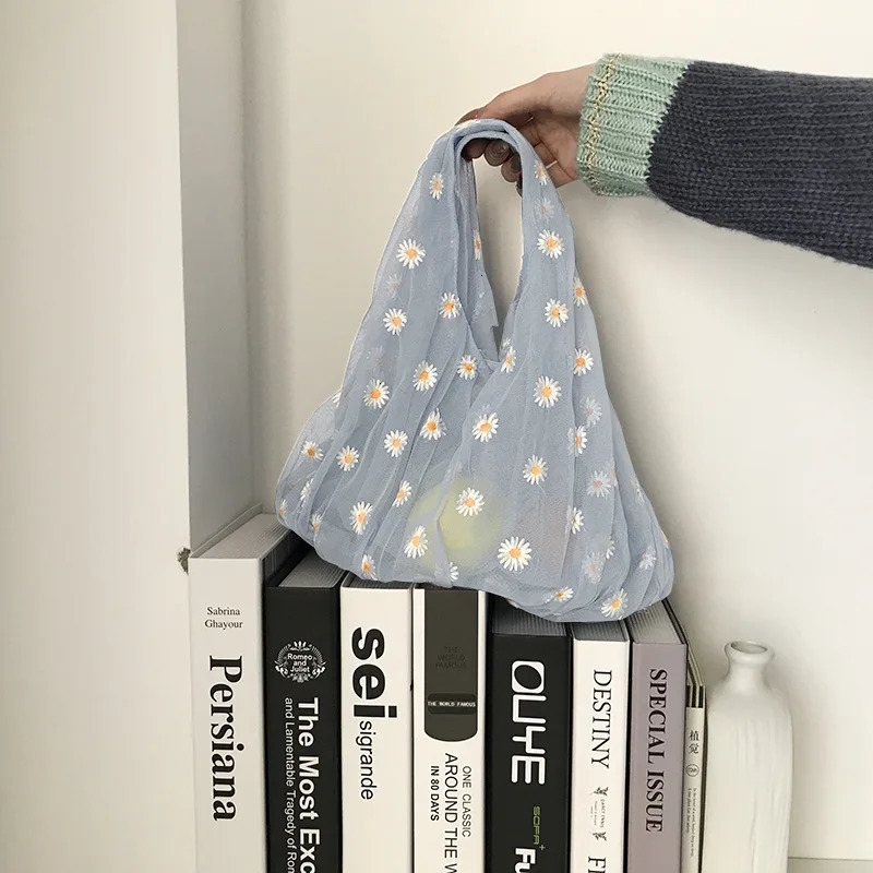 Women Small Transparent Tote Mesh Cloth Bags Daisy Embroidery Handbag Quality Eco Fruit Bag Little Decoration Purse For Girl 250526