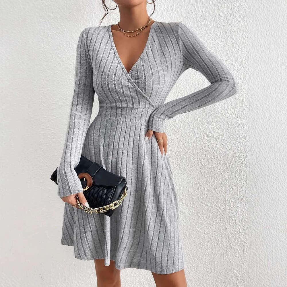 Tight Cut Out Dresses New Solid Color V Neck For Women Sexy Waist Cinching Long Sleeve Short Dress Slimming Versatile Dress Sexy Dress