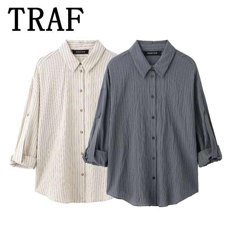 TRAF Stripe Wide Leg Pants Sets For 2 Pieces 2025 New Fashion Loose Shirts Suit Casual Two Piece Set Women Outfit