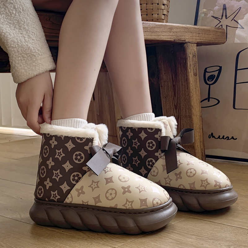 Fashionable Versatile Warm High Top Snow Boots Women Winter Outdoor Non Slip Waterproof Thick Sole Cotton Shoes with Bow Design