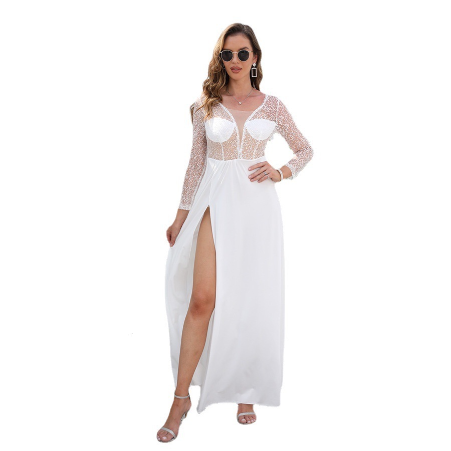 Summer New Long Sleeve V-neck Split Dress New Wedding Dress